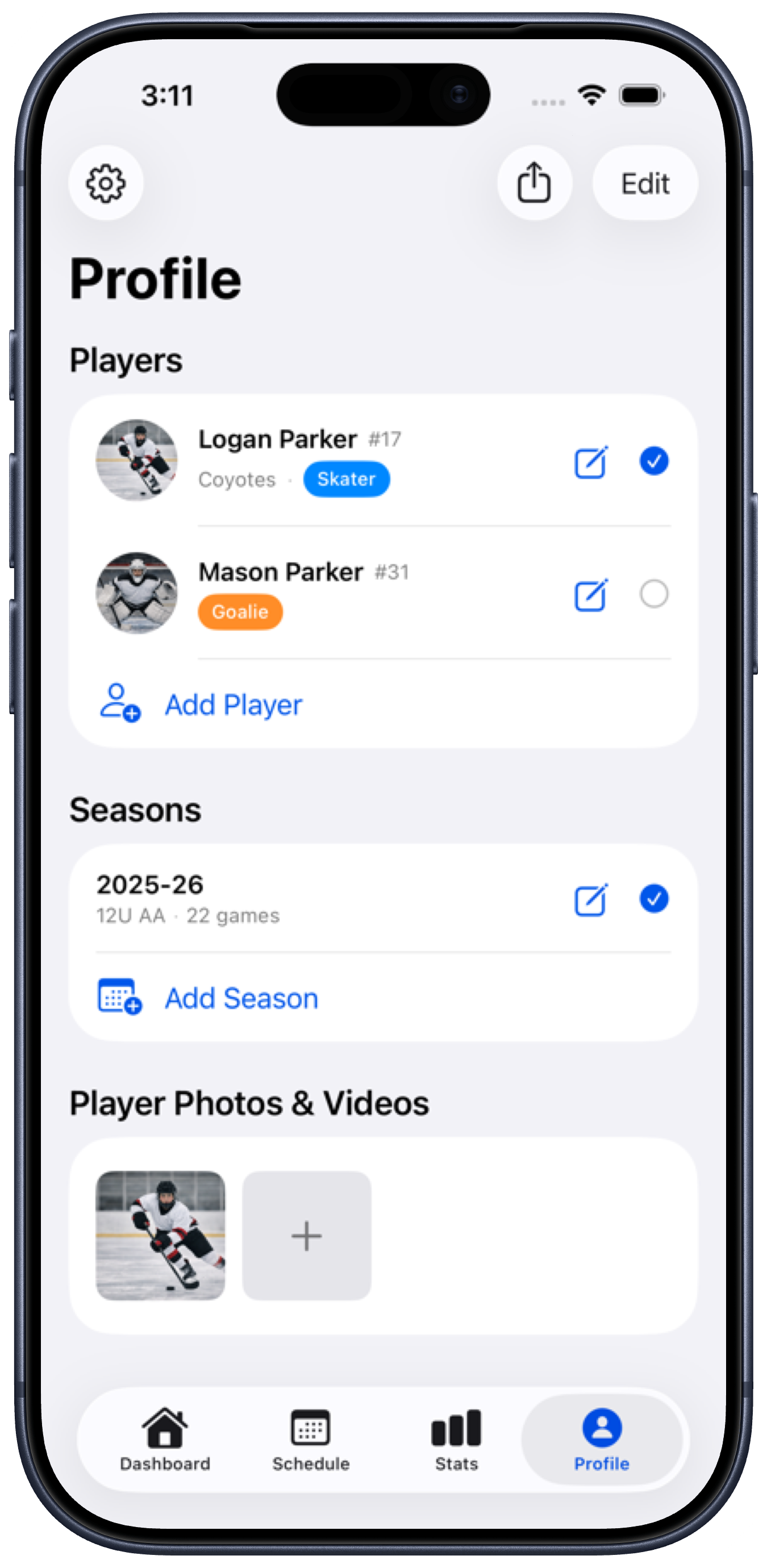 Player profile showing three seasons: with game counts and active season indicator.