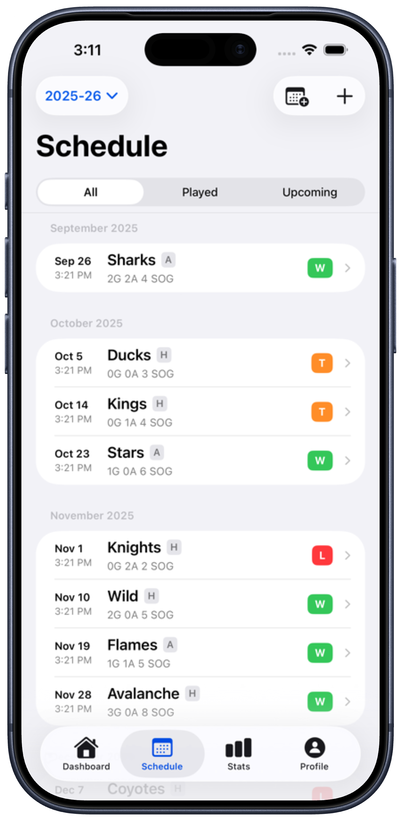 Hockey game schedule screen listing games by date with results and stat summaries.