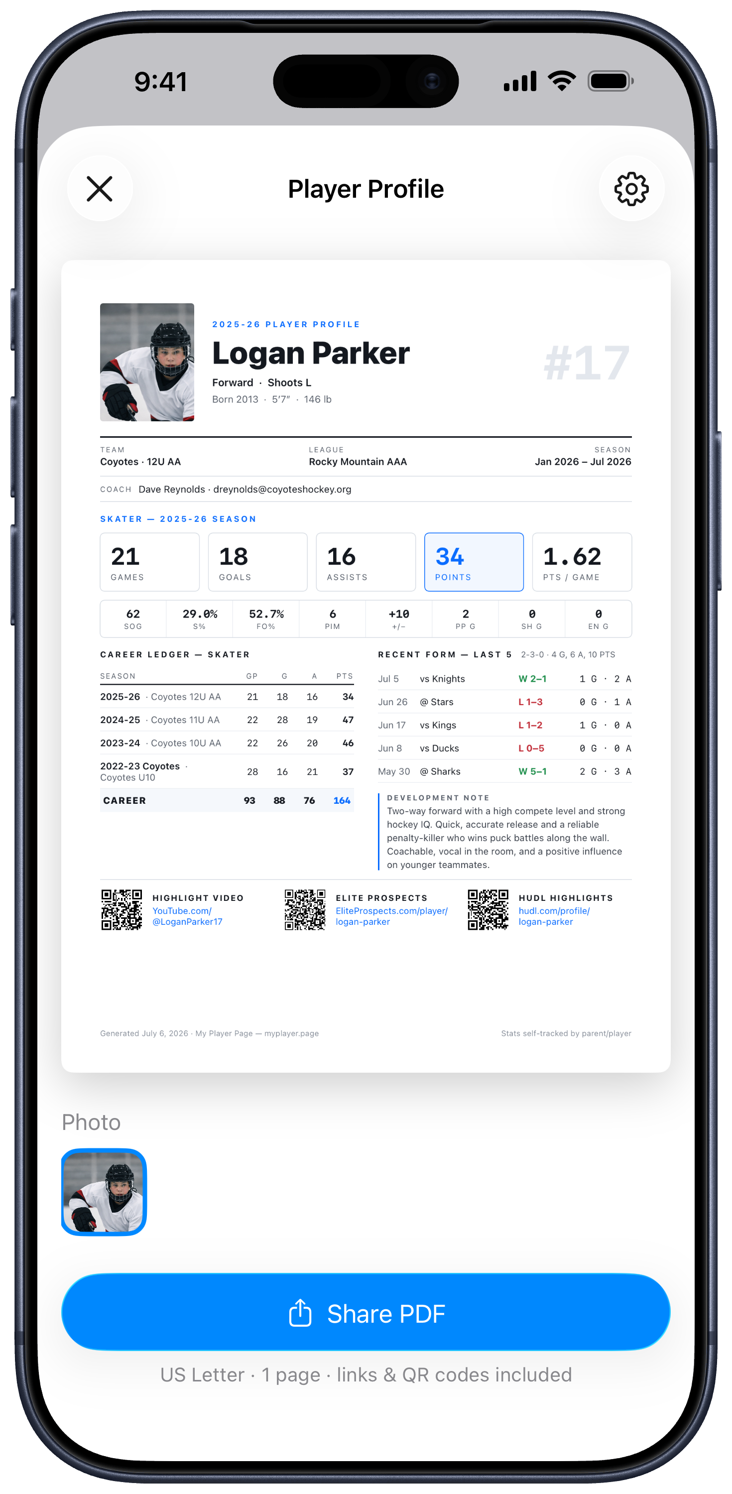 Shareable one-page PDF stat sheet preview for Logan Parker, showing height, weight, season totals, a career ledger, recent-form results, and links a coach can scan.