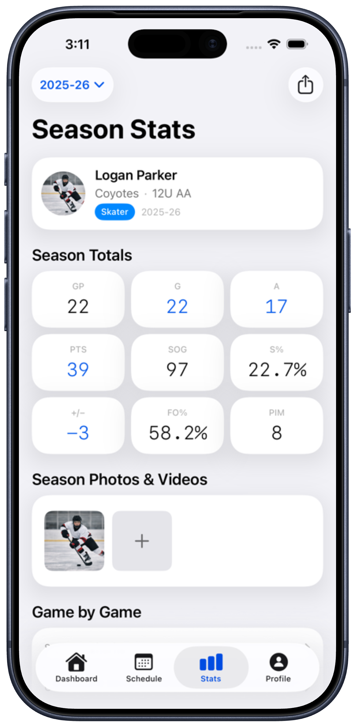 Season stats screen showing a youth hockey player's goals, assists, points, and shooting percentage for A season.
