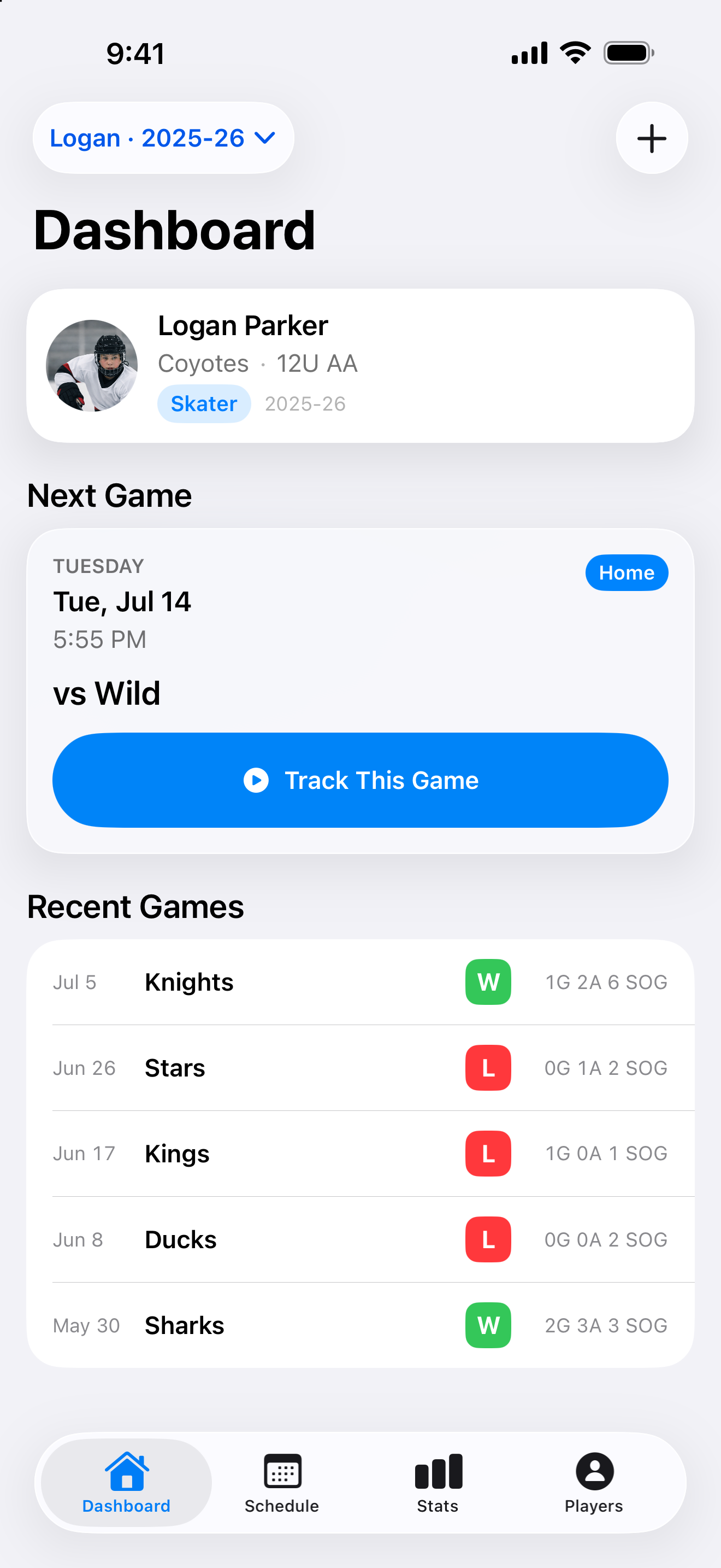 Dashboard screen showing the player profile, next game, and recent games.