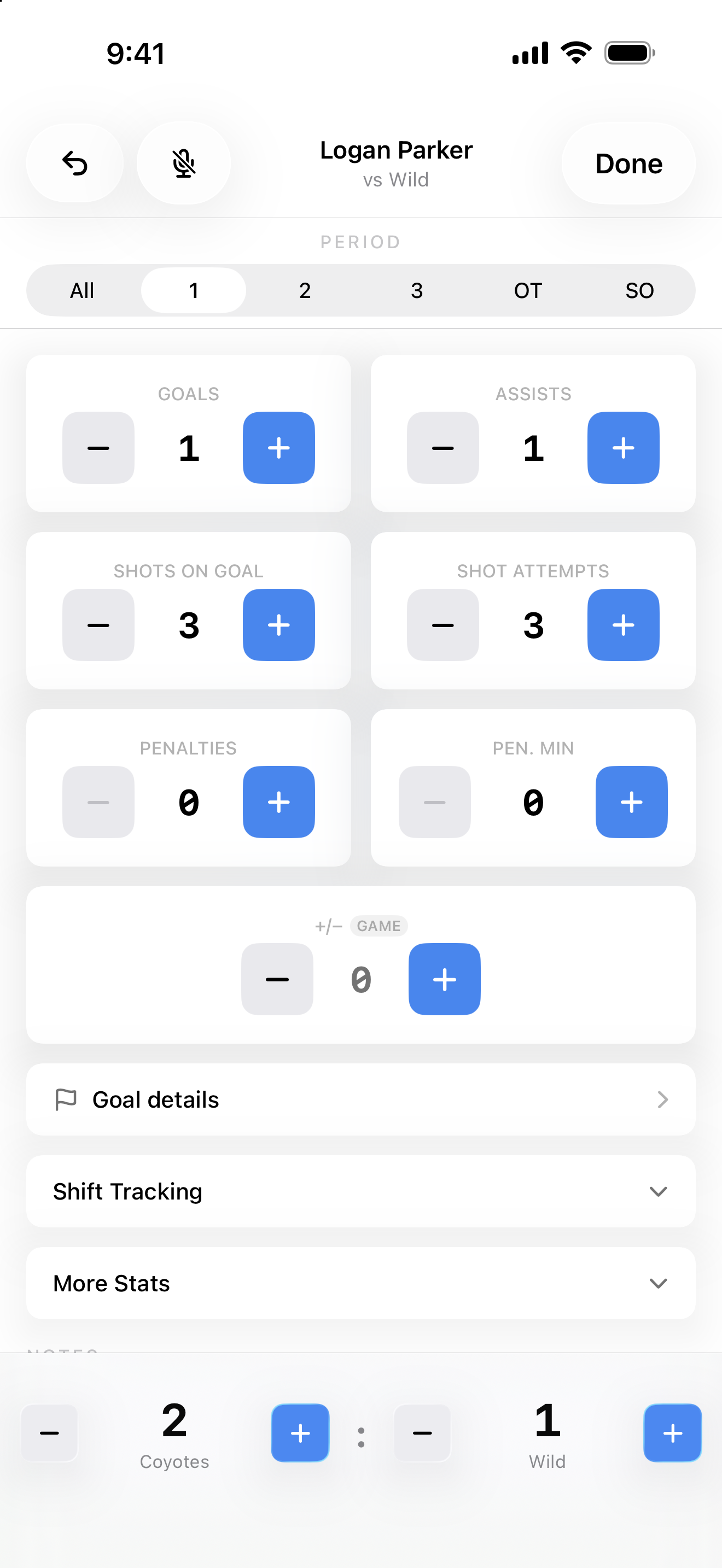 Live skater stat tracking screen with one-tap entry for goals, assists, shots, and penalties and a live score.