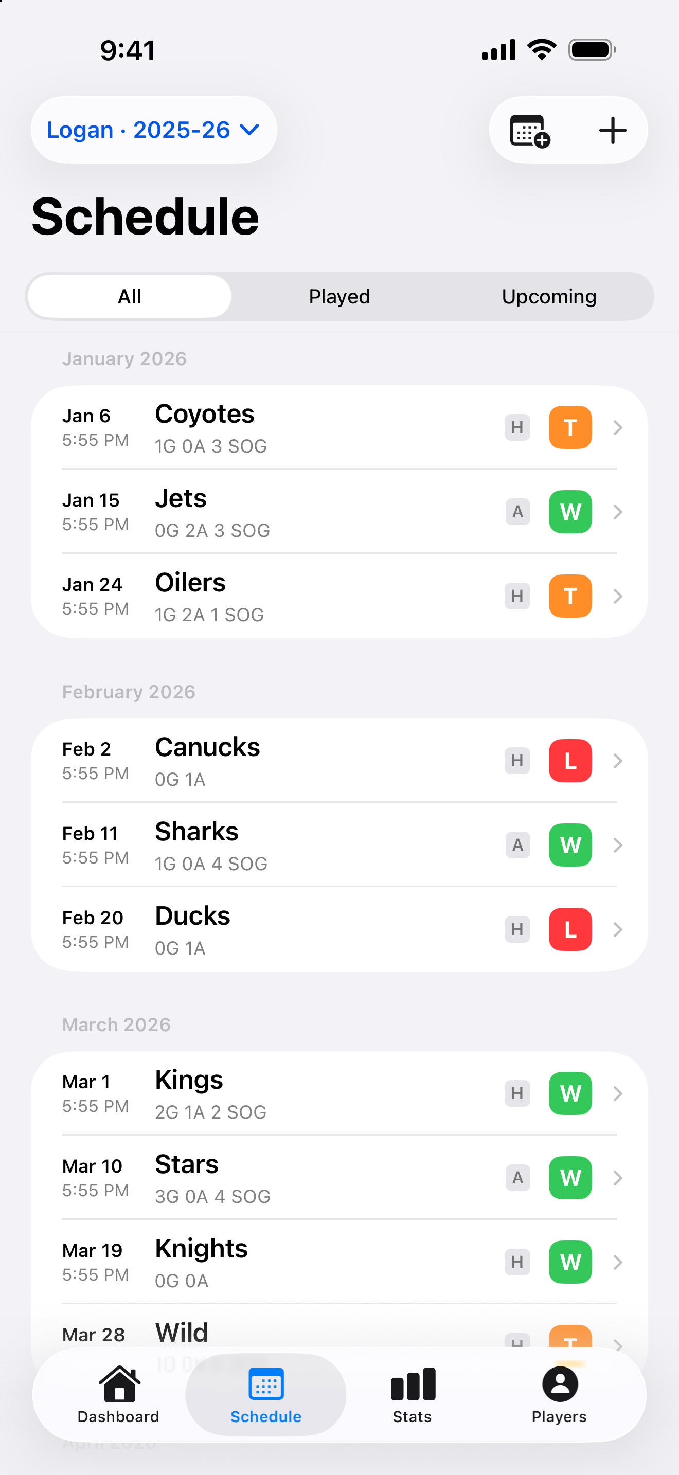 Schedule screen listing games by month with results.