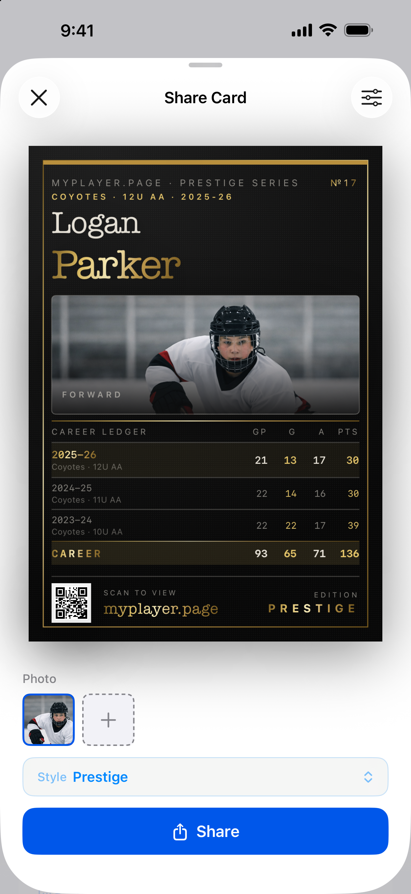 Share card screen showing a Prestige-style player trading card ready to share.