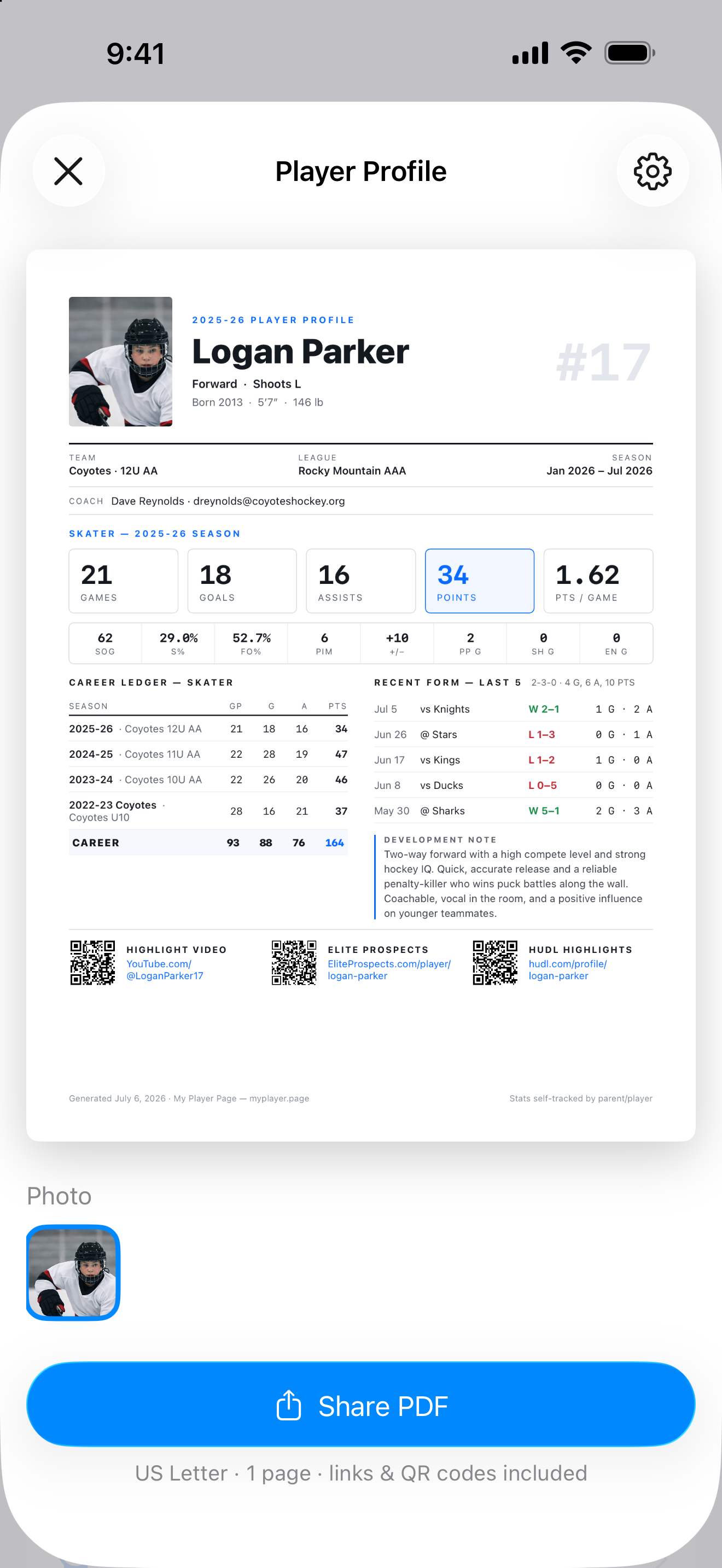 Shareable one-page PDF stat sheet preview showing height, weight, season totals, a career ledger, recent-form results, and scannable coach links.